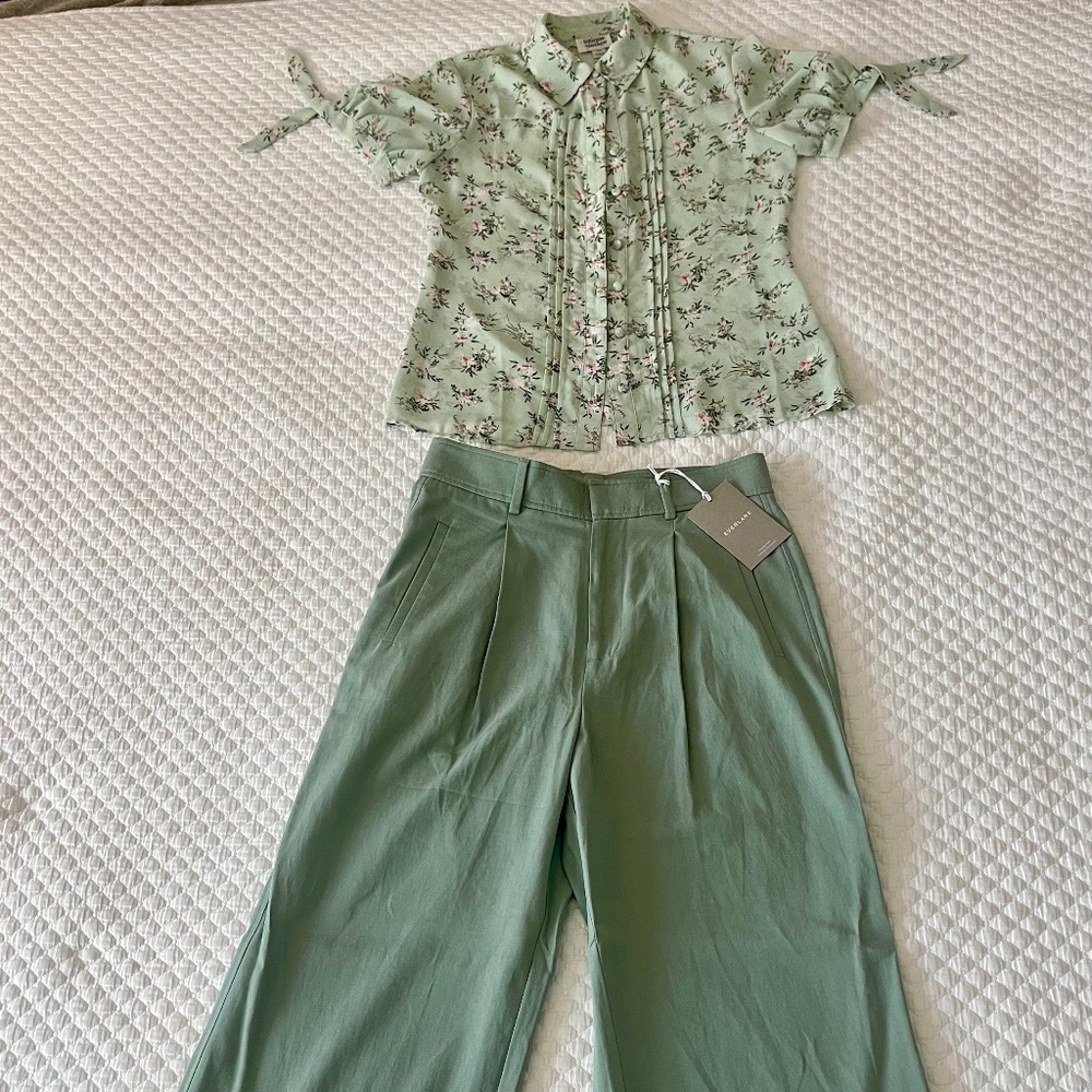Unique Vintage sheer floral print blouse and Everlane trousers